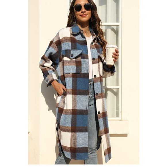 Plaid Oversized Long Shirt Jacket Shacket Coat - Picture 2 of 7